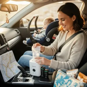 An image of a portable frozen breast milk warmer being used while traveling.
