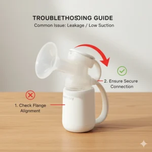 An image of a common troubleshooting issue with the Momcozy pump, such as a part not fitting correctly, with an arrow pointing to the solution.