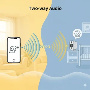 A graphic representation of two-way audio functionality, showing sound waves traveling from a parent's smartphone to a speaker in the baby's room and back, illustrating communication.
