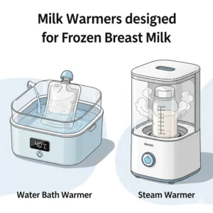 An illustration showing the different types of milk warmers available, including a water bath warmer and a steam warmer, for frozen breast milk.