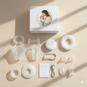 A flat lay photo showing all the components included in the Momcozy breast pump box, such as the motor, collection cups, flanges, and charging cable.
