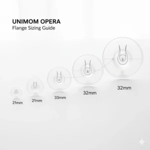 Diagram illustrating how to correctly measure and select the right flange size for the Unimom Opera breast pump.