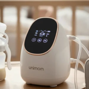 Detailed view of the user-friendly LCD touchscreen and control buttons on the Unimom Opera breast pump.