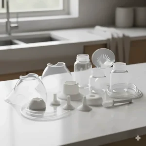 All detachable parts of the Unimom Opera breast shield and valve kit disassembled for easy cleaning.