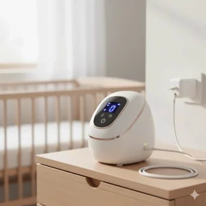 The Unimom Opera breast pump connected to its charger, highlighting its built-in rechargeable battery.