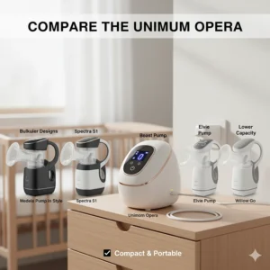 A visual comparison showcasing the features and compact size of the Unimom Opera against other breast pump models.