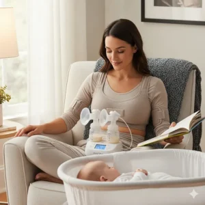 A new mom comfortably using the Motif Duo double electric breast pump, highlighting its ease of use and hands-free potential.