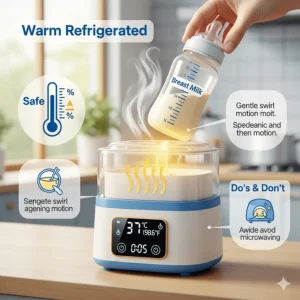 An illustration depicting the process of warming refrigerated breast milk in a warmer to a safe temperature.