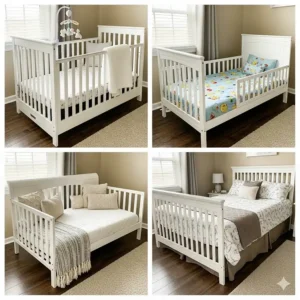 A beautiful white crib with a conversion kit shown in its various stages: crib, toddler bed, daybed, and full-size bed.