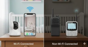 A side-by-side comparison illustration. One side shows a Wi-Fi-connected monitor and a smartphone, the other shows a non-Wi-Fi monitor and parent unit.