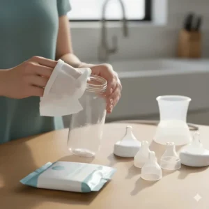 Using the quick-clean wipes to effectively sanitize and disinfect breast milk bottles and feeding equipment.