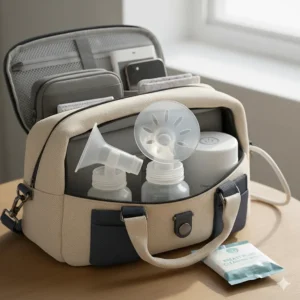 Essential pumping items, including breast pump cleaning wipes, organized neatly in a mother's travel bag.