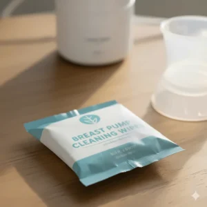 Close-up of a package of breast pump cleaning wipes, highlighting the resealable, travel-friendly design.
