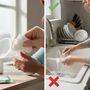 Comparison image showing the convenience of breast pump cleaning wipes versus traditional soap and sink washing.