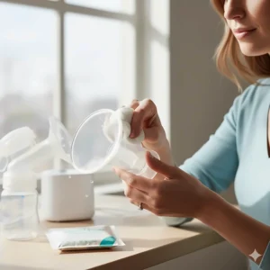 Woman quickly wiping a breast pump flange with a disposable cleaning wipe after a pumping session.