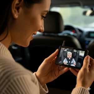 A parent holding a portable wireless monitor, smiling at the live feed of their baby in the car.