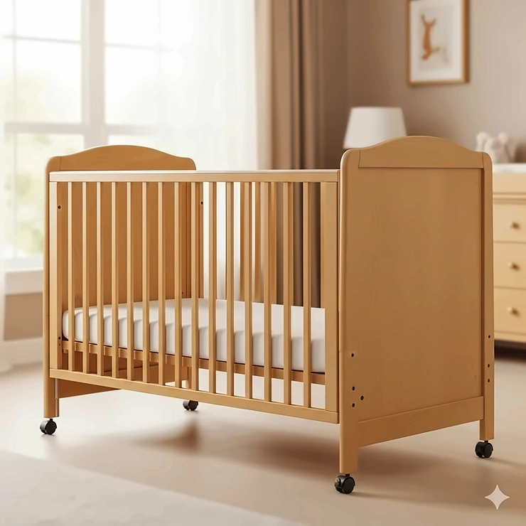 A classic wooden crib with wheels, highlighting its timeless design and mobility.