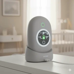 Image of the Zomee Fit charging base and an indicator light showing its long-lasting, rechargeable battery life.