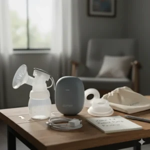 Zomee Fit breast pump shown next to its charging cable and accessories, ready for a full user review.