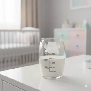 A view of the clear milk collection cup from the Zomee Fit breast pump, showing the measured volume markings.