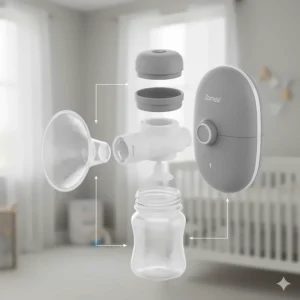 Diagram or photo illustrating the simple assembly and disassembly of the Zomee Fit breast pump components for cleaning.