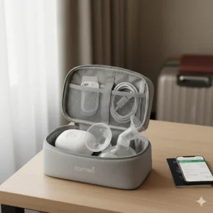 The compact Zomee Fit breast pump and its parts neatly packed in a small travel bag, emphasizing portability.