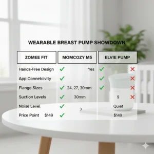 Comparison chart highlighting key features of the Zomee Fit in relation to other leading wearable breast pump models.