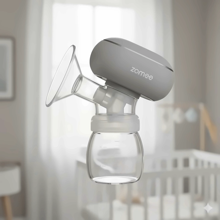 Close-up of the Zomee Fit breast pump's lightweight, wearable design, showing the motor unit and collection cup. zomee fit breast pump reviews
