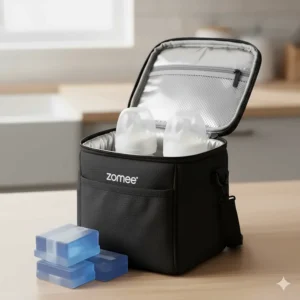 The included insulated cooler bag with a handle, perfectly sized to hold breast milk bottles and keep them cold with ice packs.