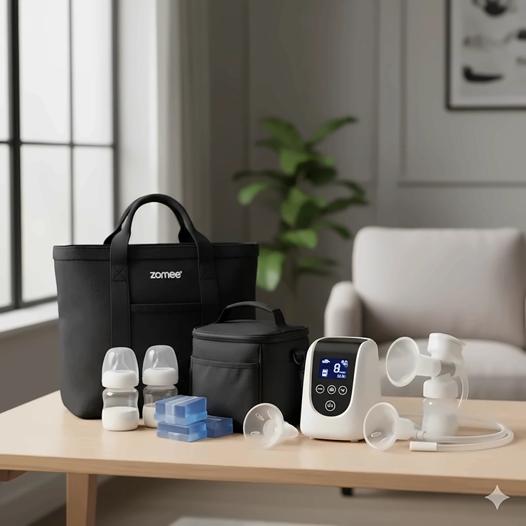 A complete Zomee Z2 breast pump set featuring the Z2 double electric pump, a black stylish tote bag, and an insulated cooler bag. This all-in-one kit provides everything a mother needs for pumping at home or on the go.