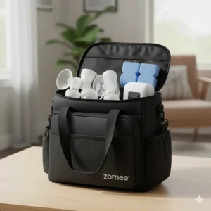 The complete Zomee Z2 breast pump with tote and cooler set, neatly packed and ready to go inside the stylish tote bag.