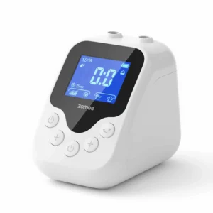 The Zomee Z2 double electric breast pump, a compact and lightweight unit with an LCD screen and silicone buttons.