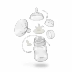 An exploded view showing the components of the Zomee Z2 breast pump flanges, including the valves and backflow protectors.