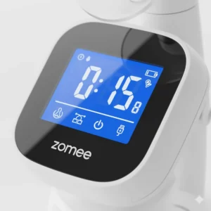 A close-up view of the easy-to-read LCD screen on the Zomee Z2 pump, showing the suction level and battery life.