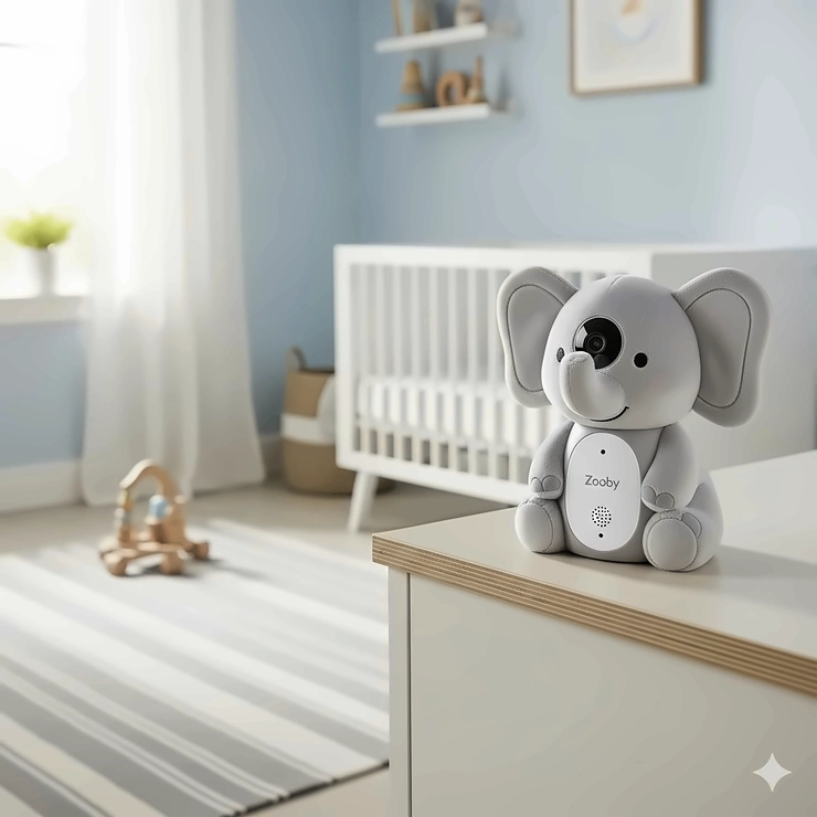 A cute Zooby baby monitor, shaped like a stuffed animal, is shown in a clean, modern nursery.