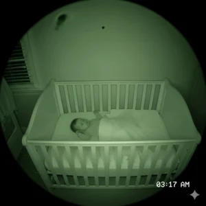 A night vision view from the Zooby baby monitor, showing a clear image in a dark room.