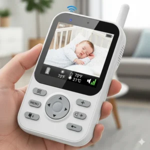 The Zooby baby monitor's parent unit, featuring a clear display and simple controls.