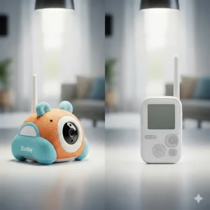 A side-by-side comparison of a Zooby monitor and a traditional baby monitor, highlighting the different design philosophies.