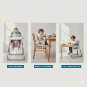 Diagram illustrating the three modes of a convertible high chair: high chair, booster seat, and toddler chair.