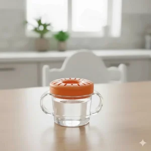 A clear image showing a dentist-recommended 360-degree rim sippy cup, which promotes natural drinking motion for babies 6 months and up.