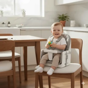 A demonstration of the 4 in 1 high chair transforming into a space-saving portable booster seat that attaches to a dining chair.