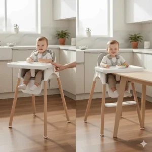 The adjustable height and recline settings of the versatile 4-in-1 high chair, catering to different table heights and child ages.