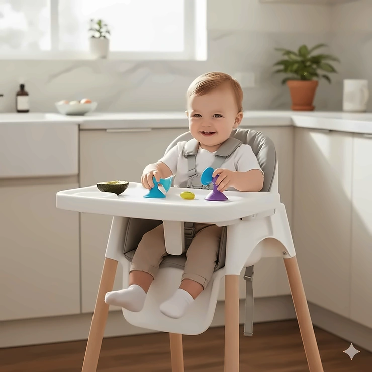 4-in-1 high chair system shown in the primary feeding mode, a secure and comfortable seat for toddlers.