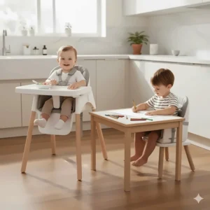The unique feature of the 4-in-1 high chair that splits into a high chair and separate toddler chair for simultaneous use by two children.