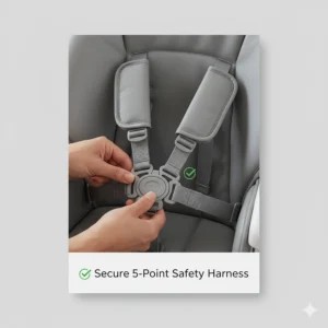 A clear view of the secure 5-point safety harness on a premium convertible high chair model.