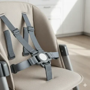 Detailed view of the secure 5-point safety harness on a collapsible high chair.