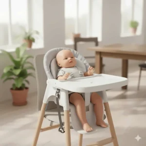 Comfortable infant high chair mode with full recline and soft insert for feeding newborns and young babies.