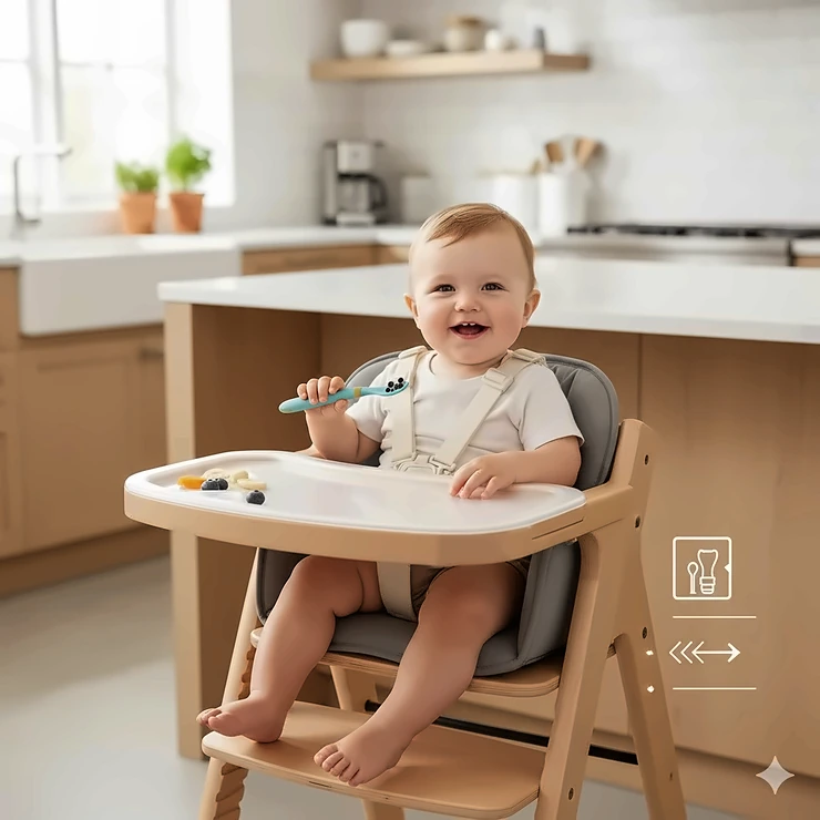 High chair with adjustable footrest in a modern kitchen setting, showing the ergonomic design for infant comfort.