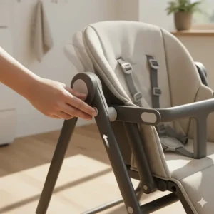 Demonstrating the height adjustment features of a versatile collapsible high chair.
