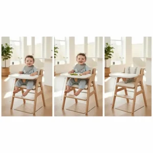Image illustrating the multiple height and depth adjustments available on the versatile non-toxic high chair to grow with your child.